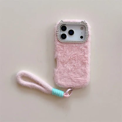 Luxury Solid Colors Diamond Fluffy Fur Plush Phone Case For iPhone
