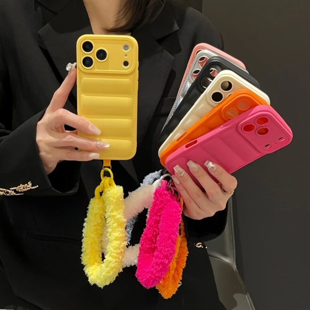 Luxury Down Jacket Furry Lanyard Case For iPhone