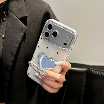 Glitter Diamond Love Heart Mirror Bracket Case For iPhone
