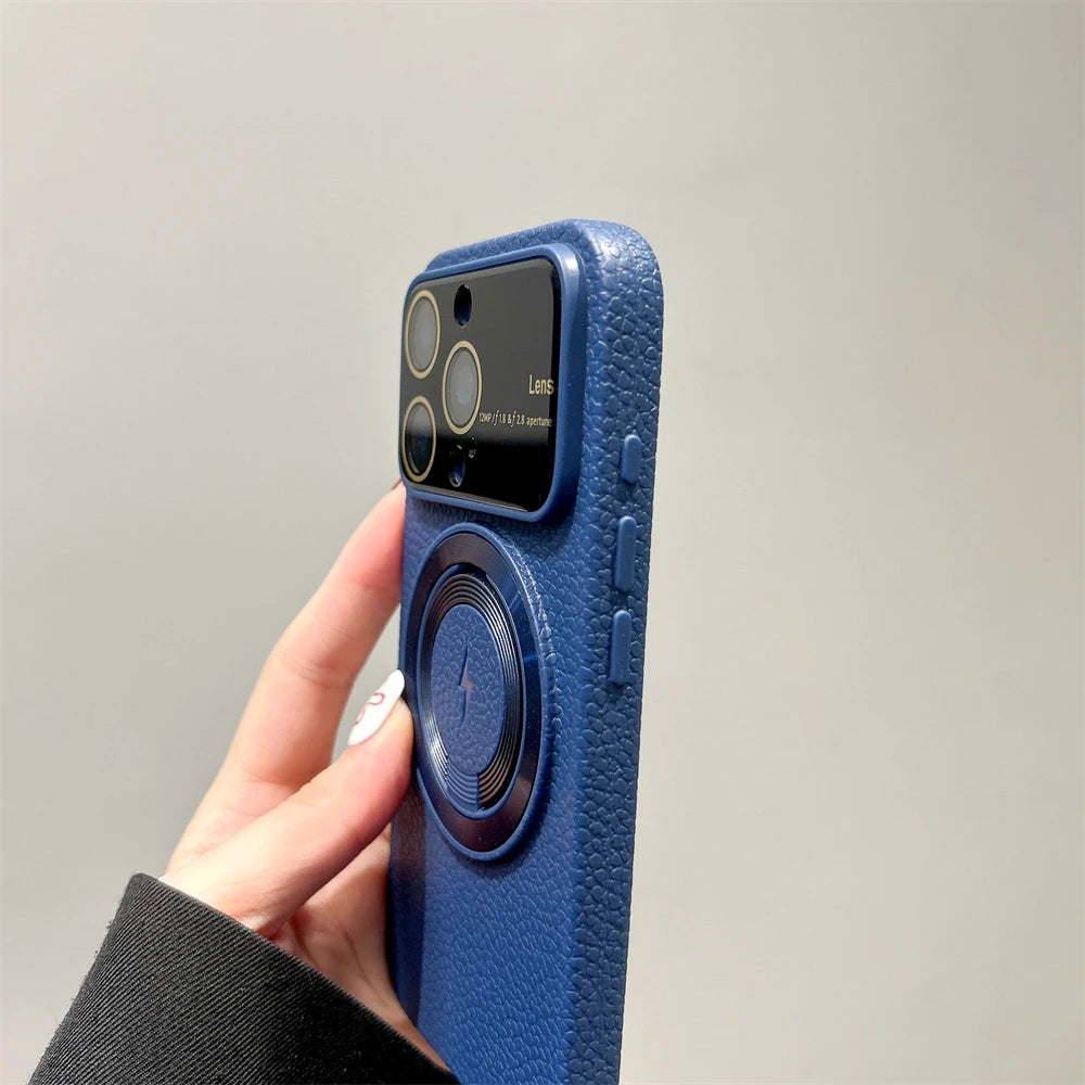 Large Window Litchi Texture For Magsafe Magnetic Case For iPhone