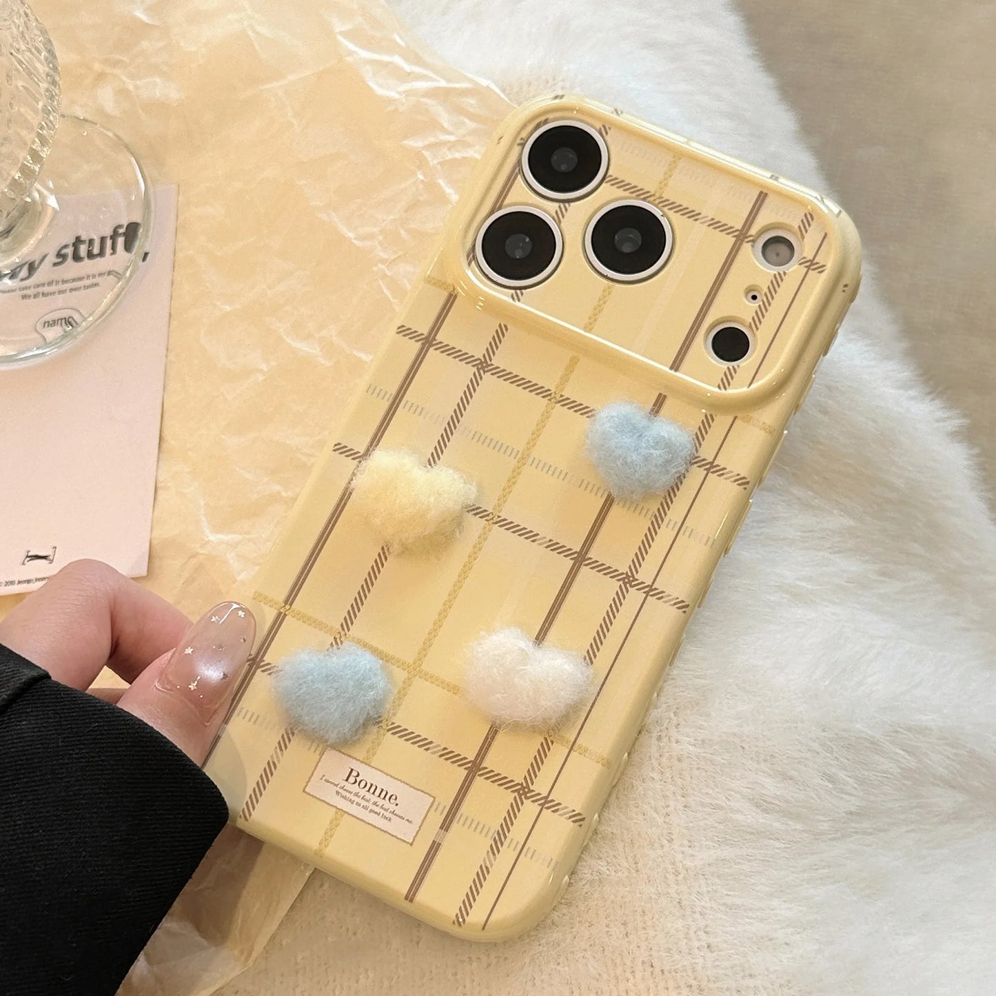 Korean Grid Pattern 3D Furry Plush Love Heart Phone Case For iPhone