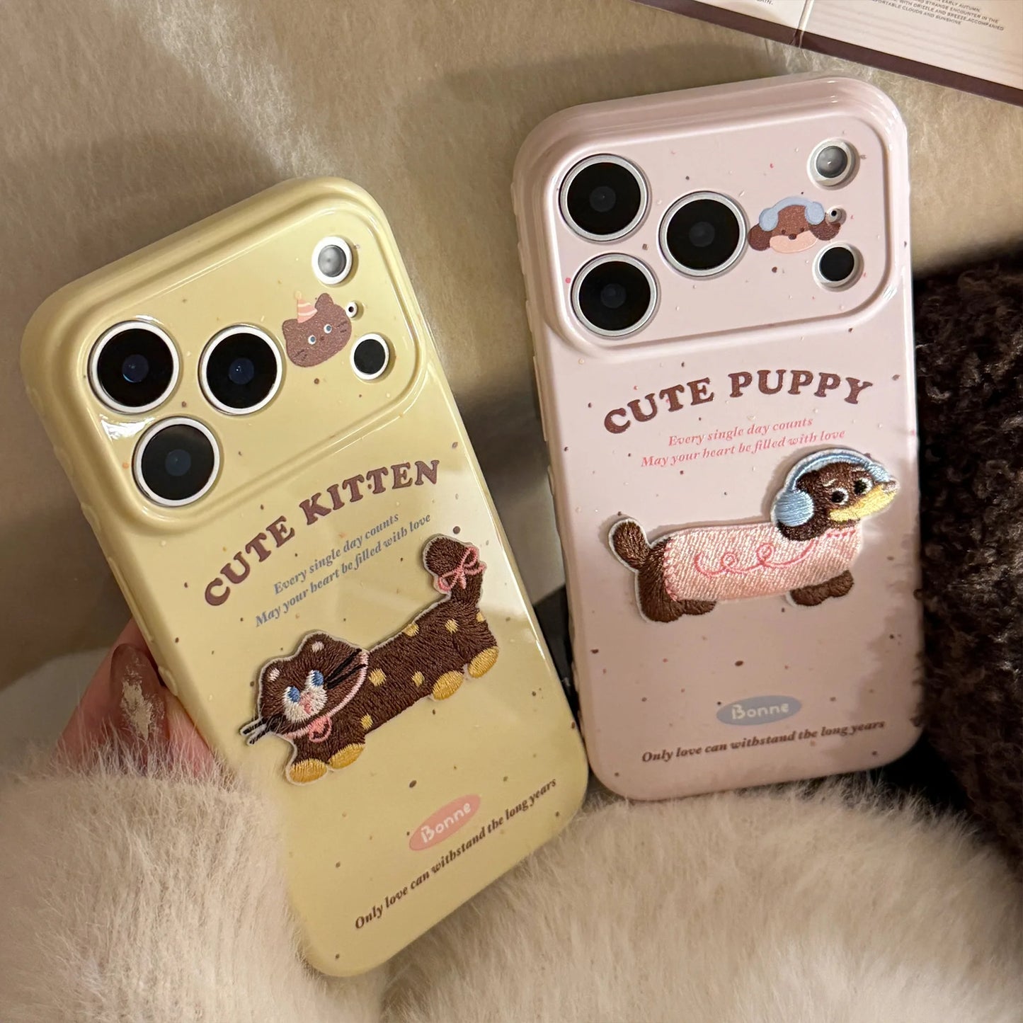 Korean Cute Cartoon Embroidery Plush Puppy Kitten Couple Phone Case For iPhone