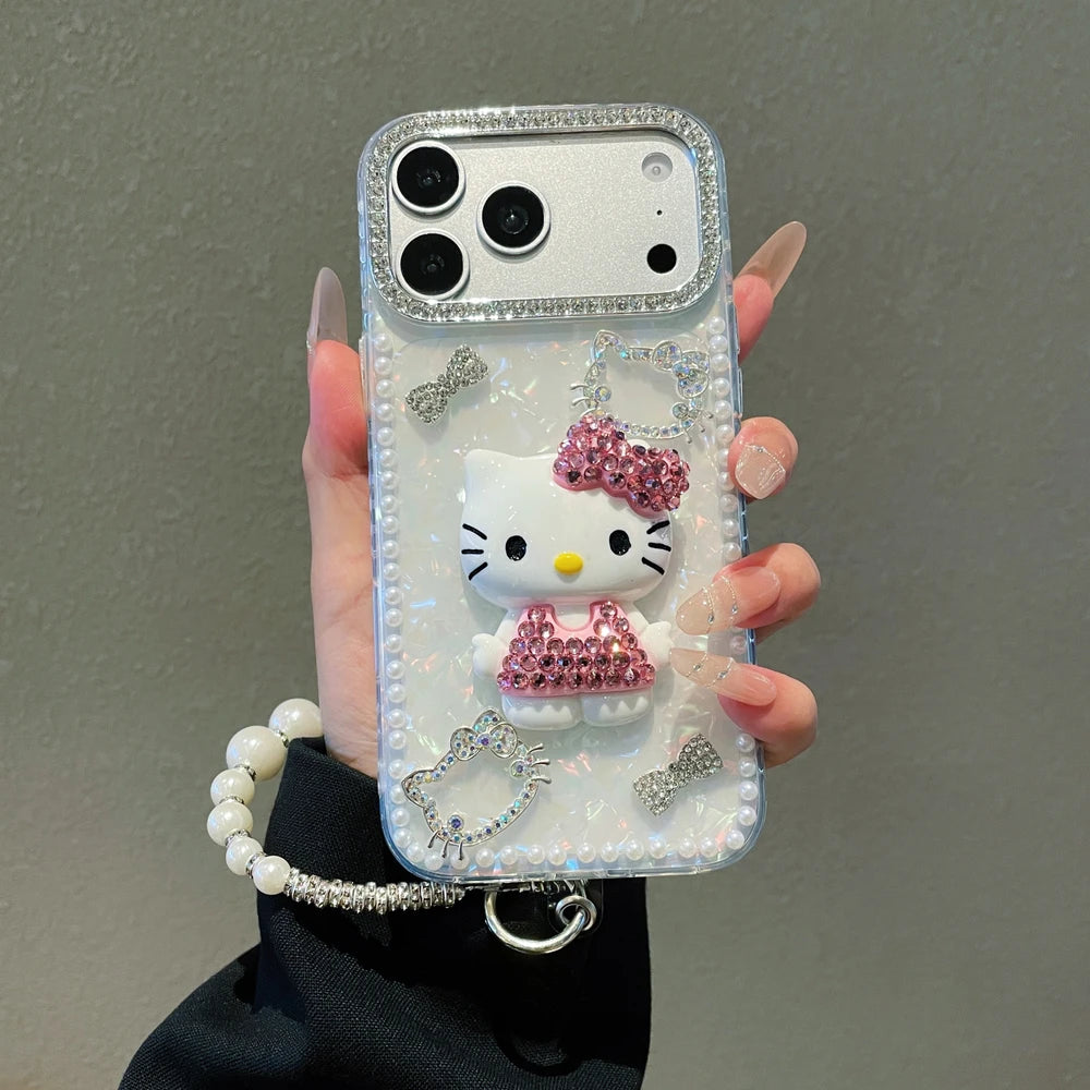 3D Cute Cartoon Sanrio Hello Kitty Bling Glitter Pearl Phone Case For iPhone
