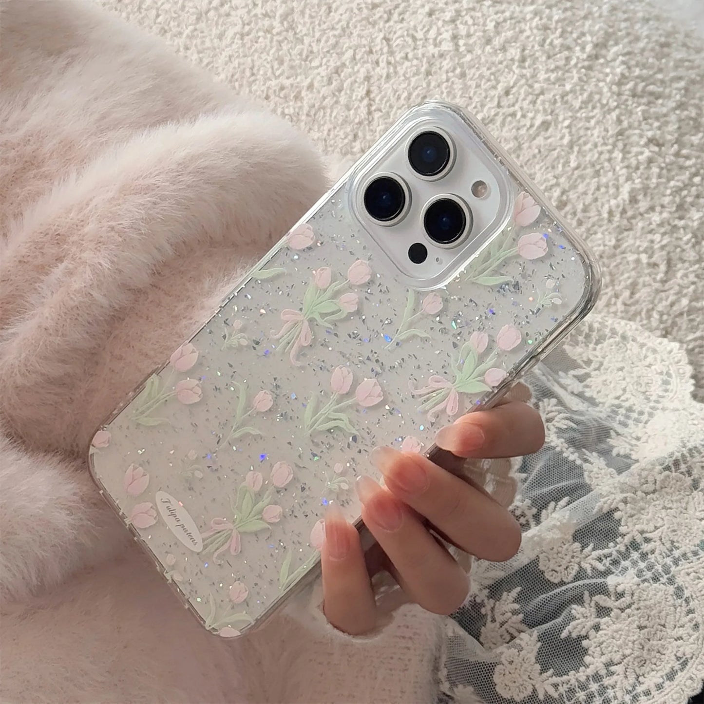 Glitter Floral Tulip Pattern Clear Phone Case