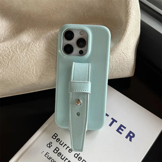 Simple Sky Blue Leather Wristband Stand Phone Case