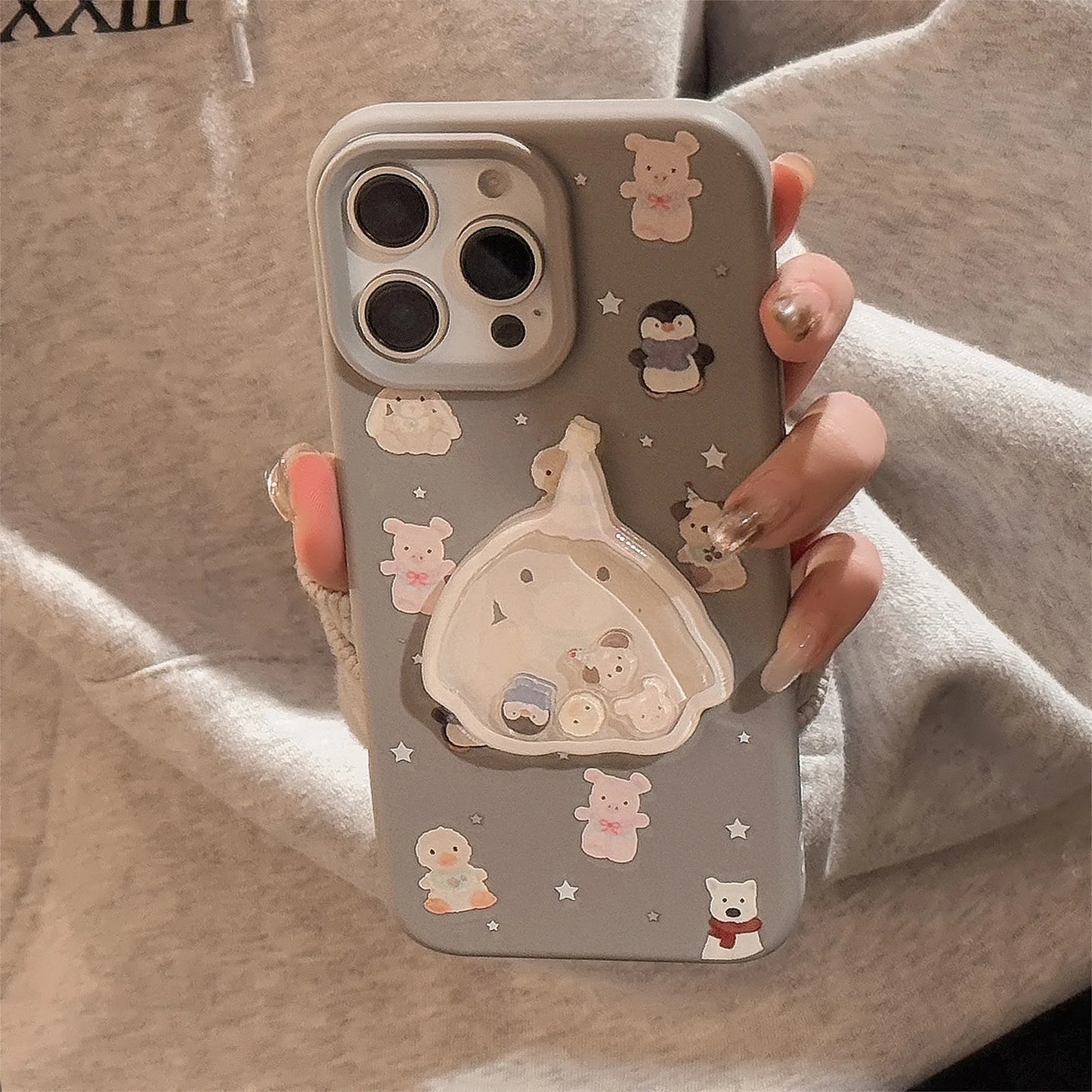 Cute Cartoon 3D Penguin Bunny Quicksand Phone Case For iPhone