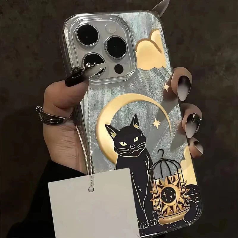 Black Cat Moon Star Birdcage Aesthetic Reflective Case For iPhone