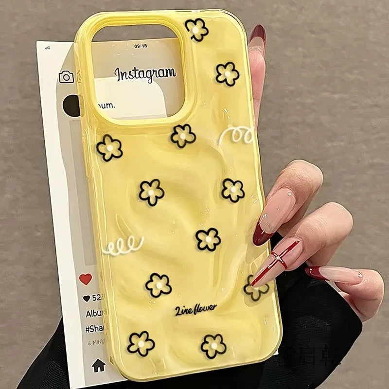 Black-Line Flowers Meteorite Textured Case  For iPhone