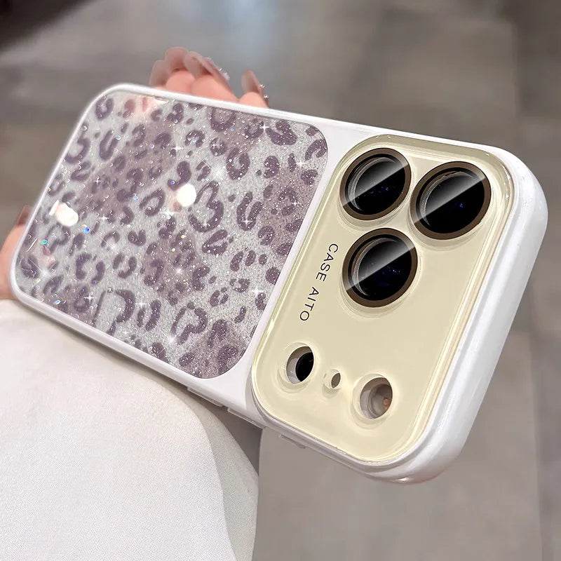Glitter Leopard Print Wrist Strap Case  For iPhone