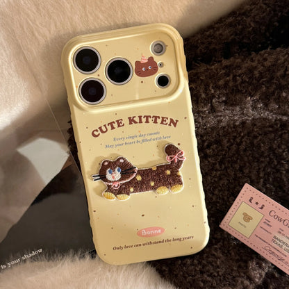 Korean Cute Cartoon Embroidery Plush Puppy Kitten Couple Phone Case For iPhone