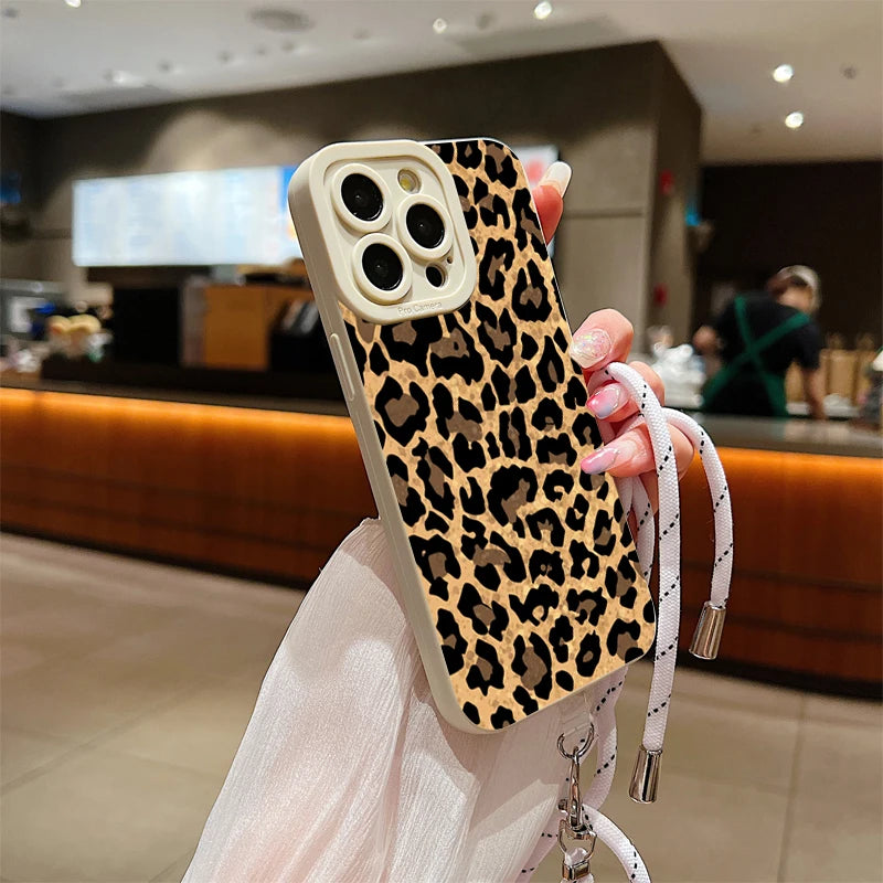 Brown Leopard Lanyard Strap Phone Case For iPhone