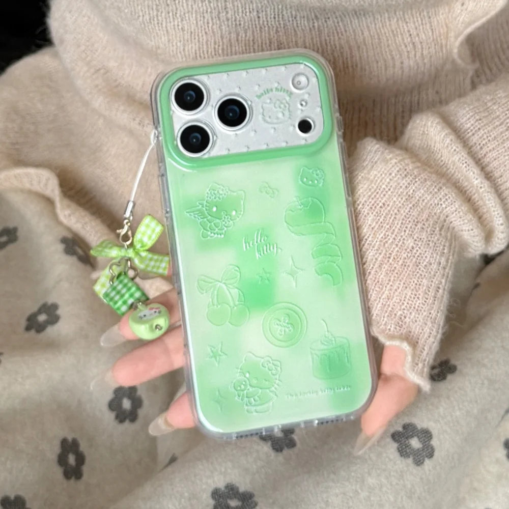 Korean Cute IMD Double Layer Green Line Kitty Phone Case For iPhone