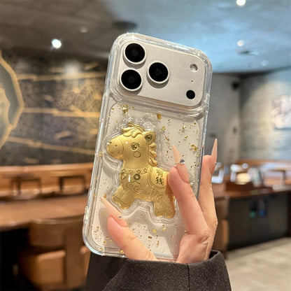 Clear Bling Bling  Glitter Gold Horse Phone Case For iPhone