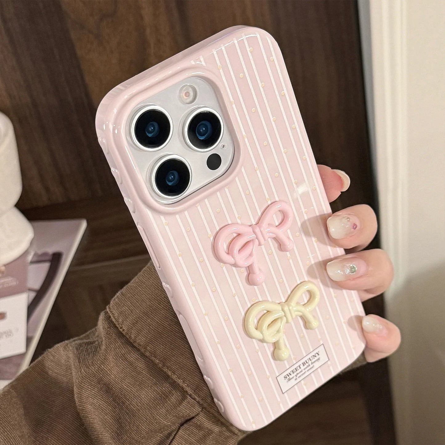 Korean Cute 3D Bowknot Pink Striped Wave Point Soft Phone Case For iPhone