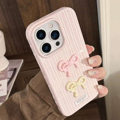 Korean Cute 3D Bowknot Pink Striped Wave Point Soft Phone Case For iPhone