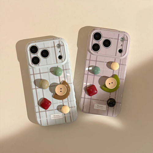 Korean Grid Pattern 3D Geometry Gemstone Button Decoration Phone Case For iPhone