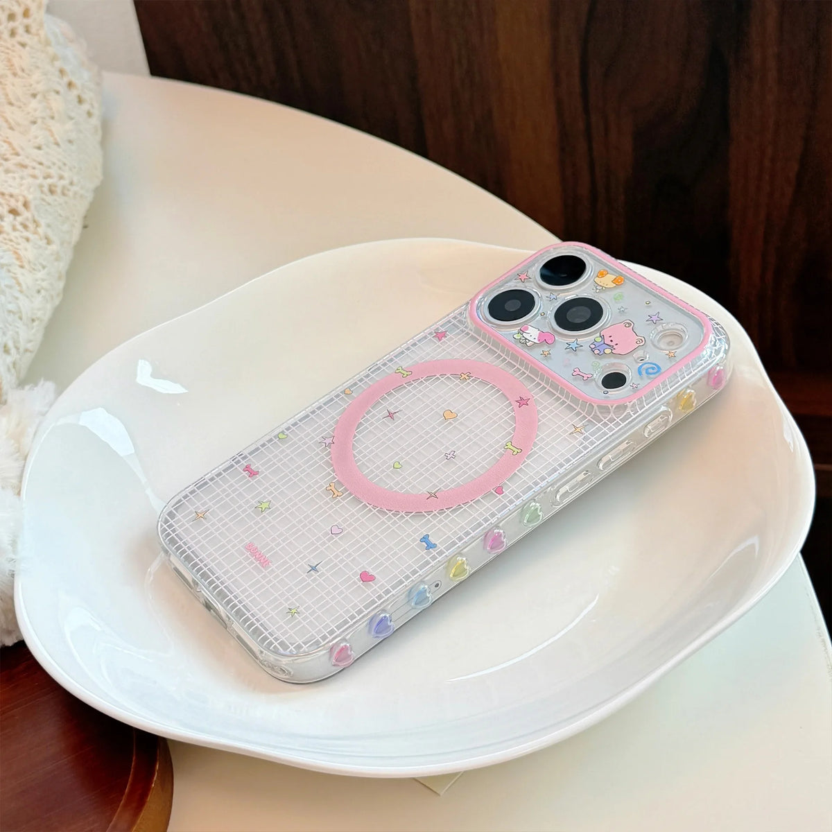 Korean Plaid Cartoon Animals Cloud Magnetic Bracket Phone Case For iPhone