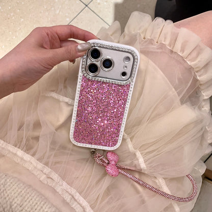Blingbling Shining Glitter Rhinestone With Bow Lanyard Camera Lens Proteciton Phone Cover Case For iPhone