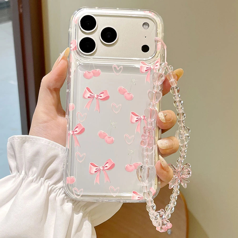 Korean Cherry Heart Bowknot Pattern Phone Case For iPhone