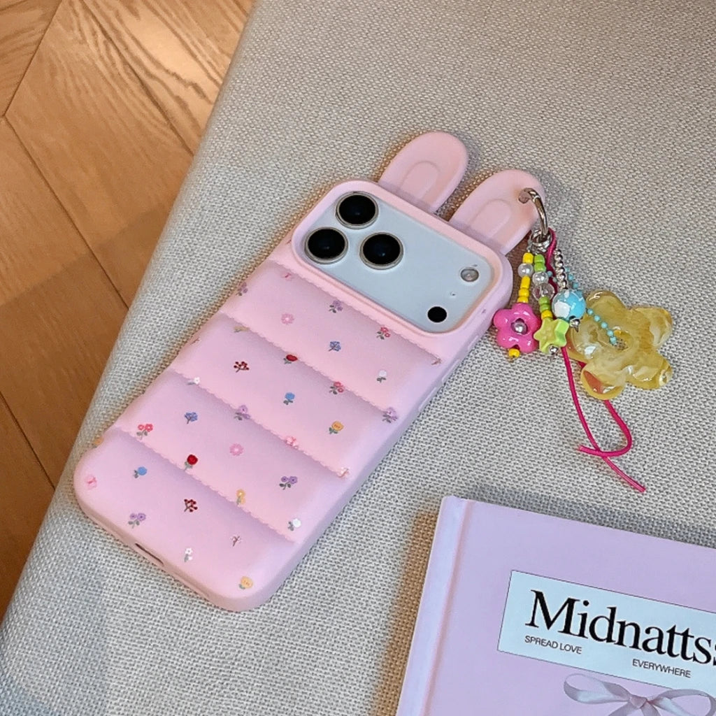 Sweet Cute Flowers Print Stereoscopic Rabbit Ears With Pendant Shock Proof Phone Cover Case For iPhone