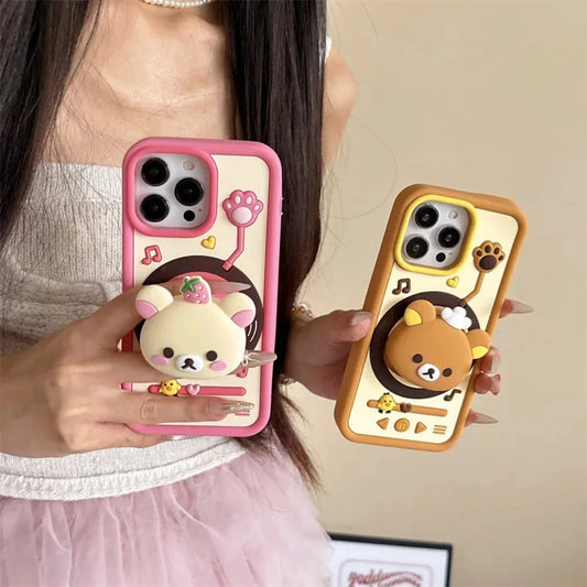 Rotating Record Player Rilakkuma Retractable Stand Phone Case, Compatible With iPhone