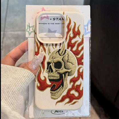 Flame Skull Embroidery Pattern Lychee Texture Phone Case For iPhone