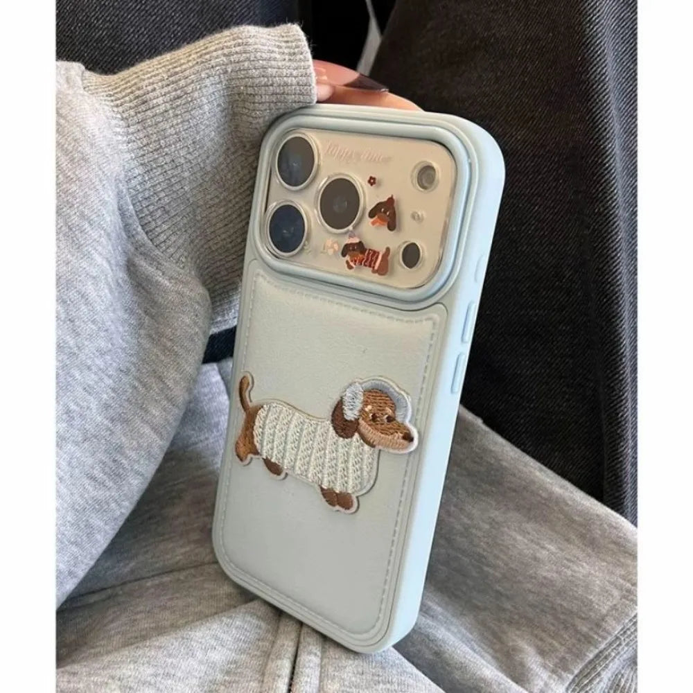 Kawaii Cute 3D Embroidered Blue Puppy Premium Raised Lychee Pattern Suitable For iPhone
