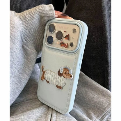 Kawaii Cute 3D Embroidered Blue Puppy Premium Raised Lychee Pattern Suitable For iPhone