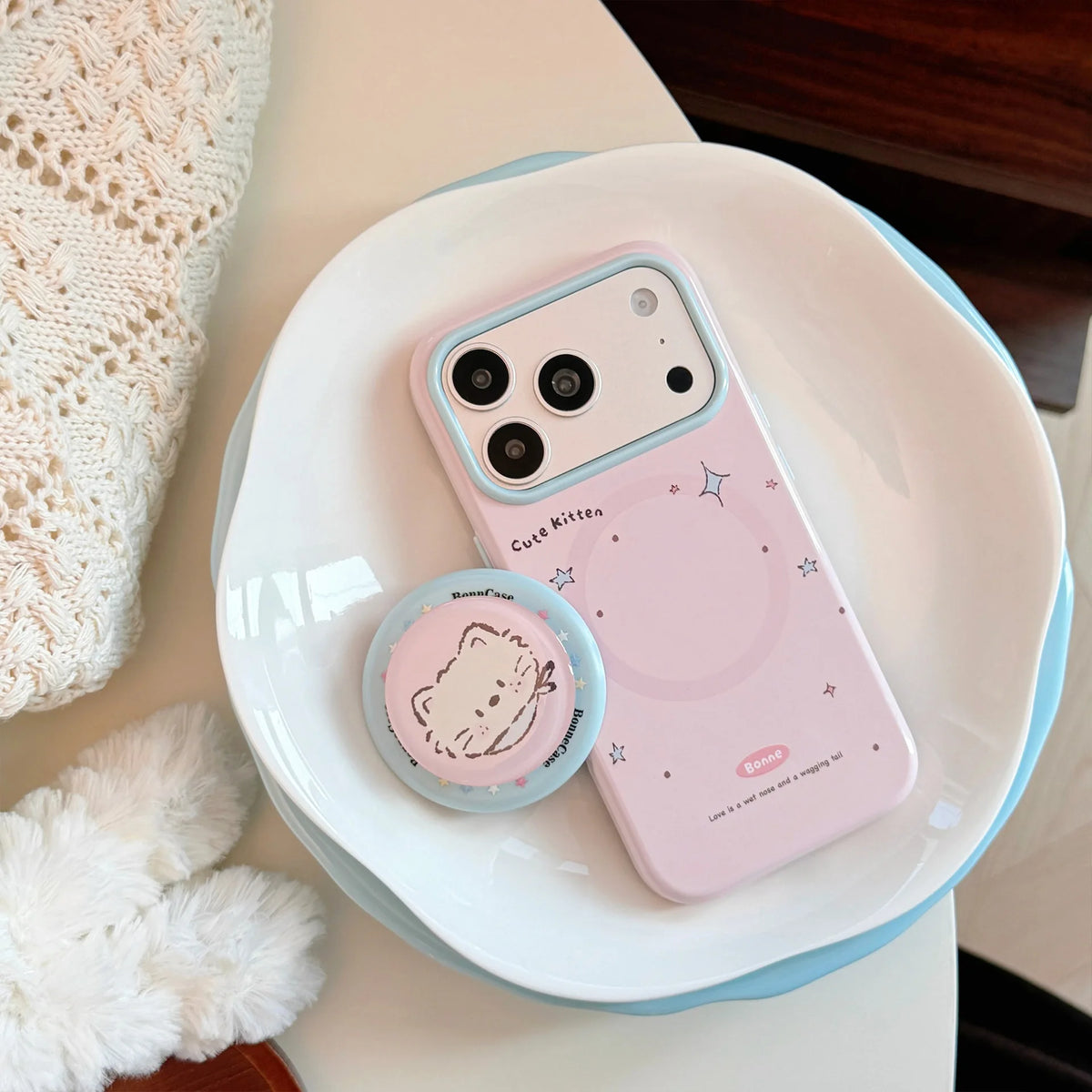 Korean Colorful Stars Cartoon Kitten Puppy Magnetic Holder Phone Case For iPhone