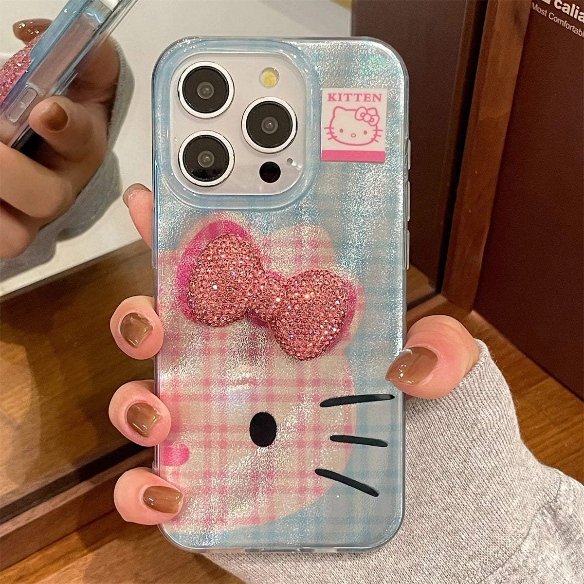 Hello Kitty Korea Grid Pattern Mirror Bow Strap Phone Case For iPhone