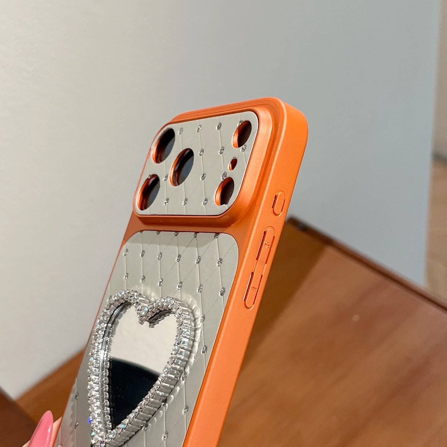 Luxury Orange Shell Makeup Mirror Phone Case with Heart Stand For iPhone