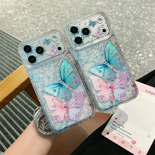 Luxury Sequins Pink Blue Diamond Butterfly Glitter Phone Case For iPhone