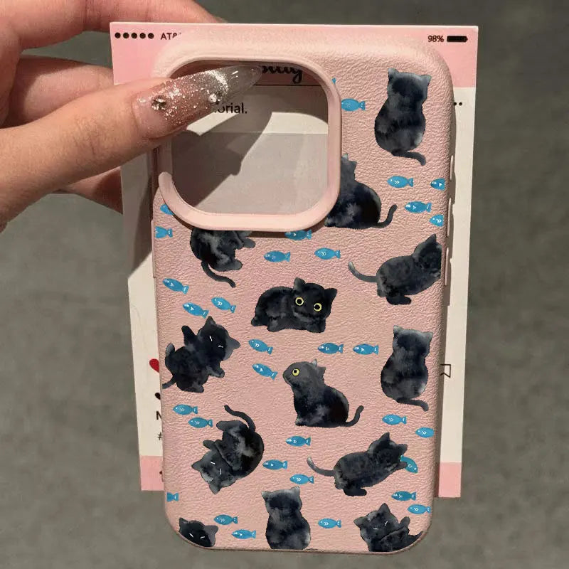 Cute Black Cat Blue Fish Pattern Silicone Phone Case For iPhone