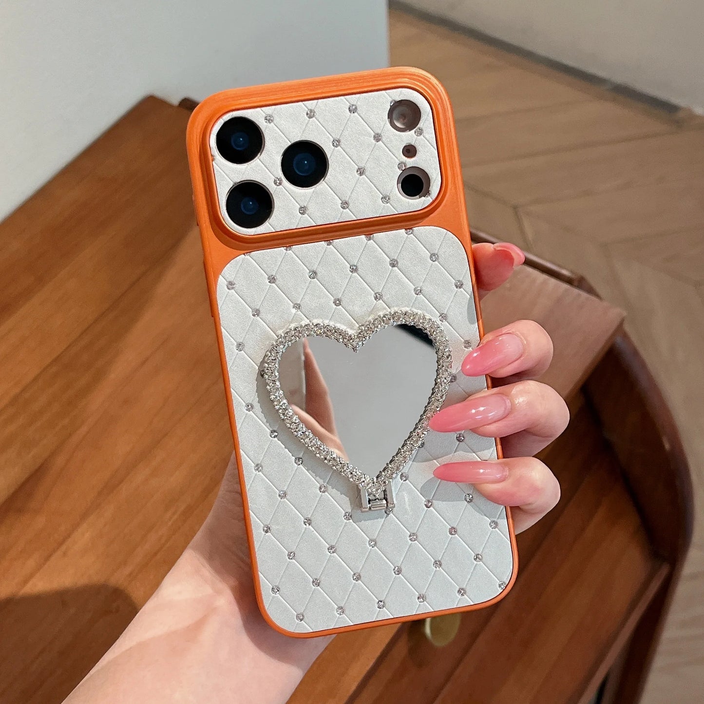 Luxury Orange Shell Makeup Mirror Phone Case with Heart Stand For iPhone