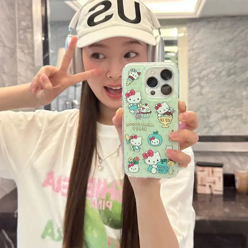 Hello Kitty Bow Green Wave Point Phone Case For iPhone