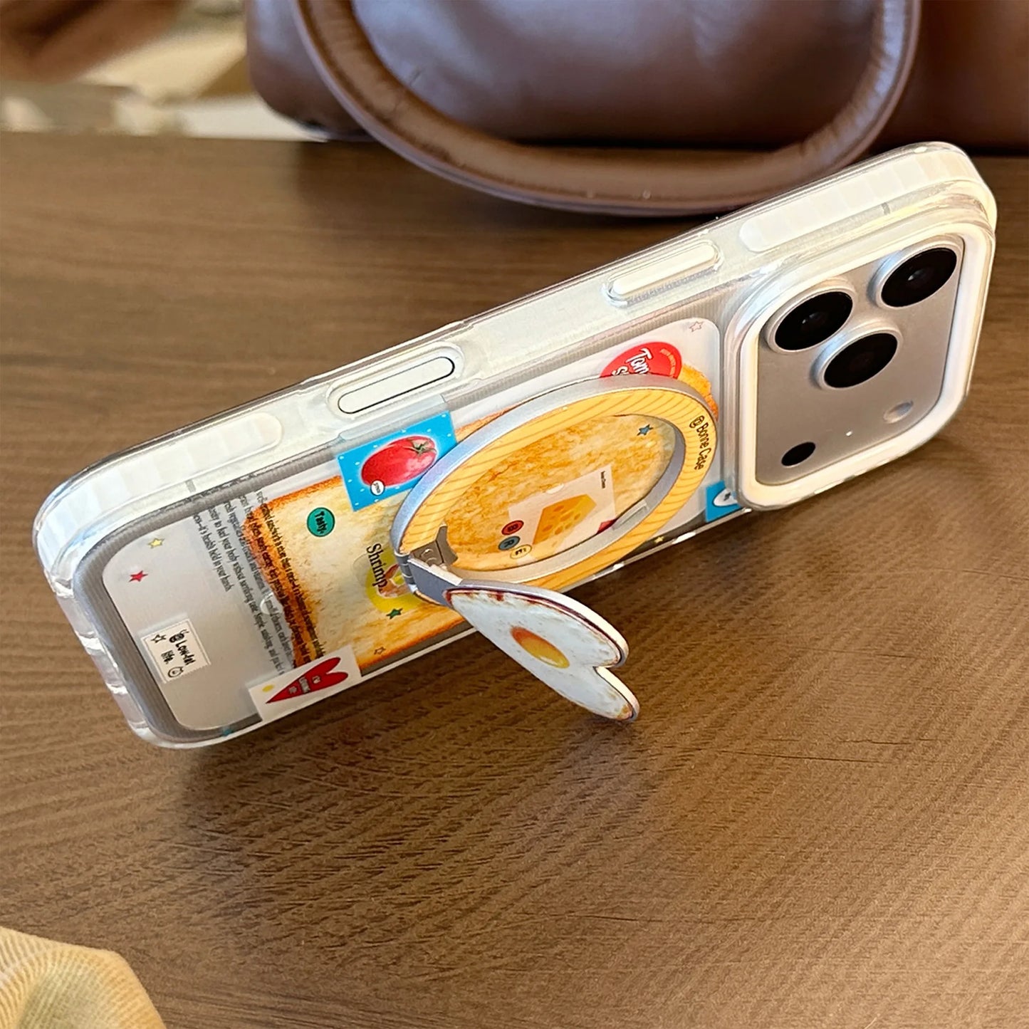 Korean Toast Pattern With Fried Egg Love Heart Bracket Magnetic Phone Case For iPhone