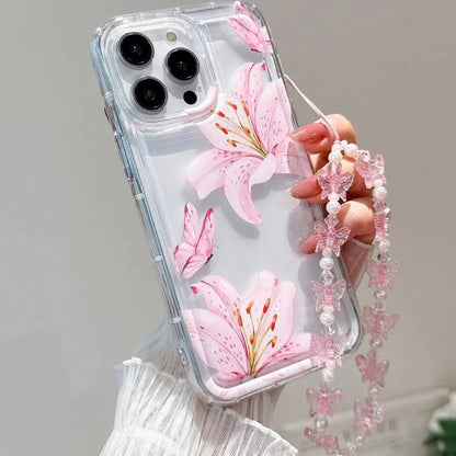 Sweet Pink Lily Pattern With Lanyard Phone Case For iPhone