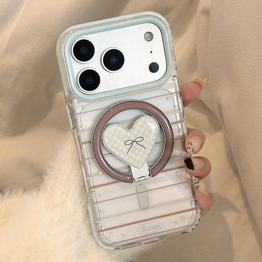 Korean Striped Stars Fold Love Heart Bow Bracket Magnetic Phone Case For iPhone