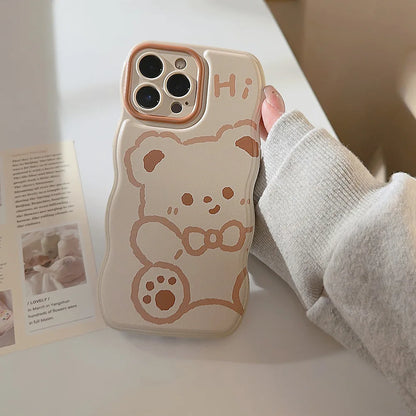Korean Cartoon Bear Pattern Wavy Edge Phone Case For iPhone