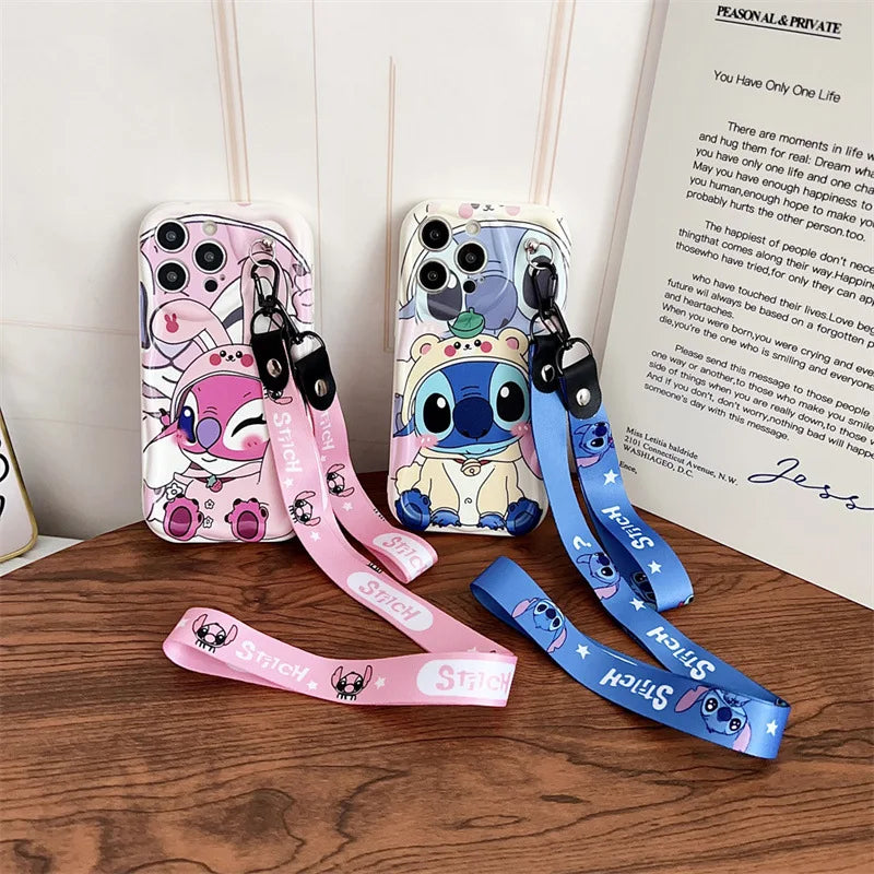 Cute Cartoon Stitch Angel With Crossbody Lanyard Pendant Wave Phone Case For iPhone
