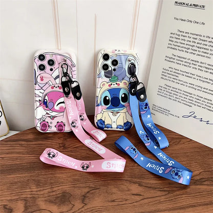 Cute Cartoon Stitch Angel With Crossbody Lanyard Pendant Wave Phone Case For iPhone