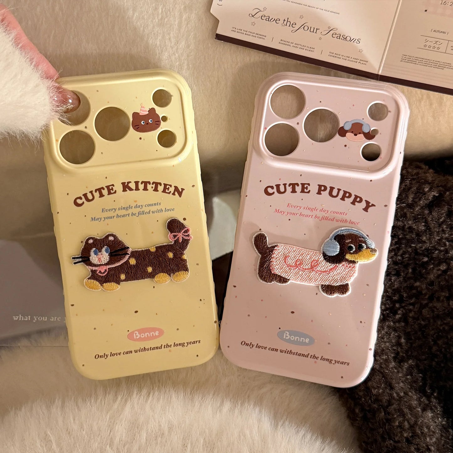 Korean Cute Cartoon Embroidery Plush Puppy Kitten Couple Phone Case For iPhone