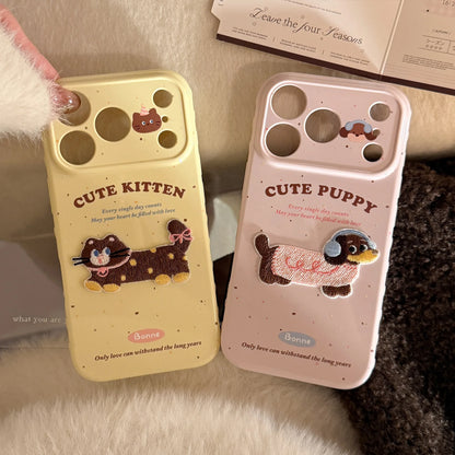 Korean Cute Cartoon Embroidery Plush Puppy Kitten Couple Phone Case For iPhone