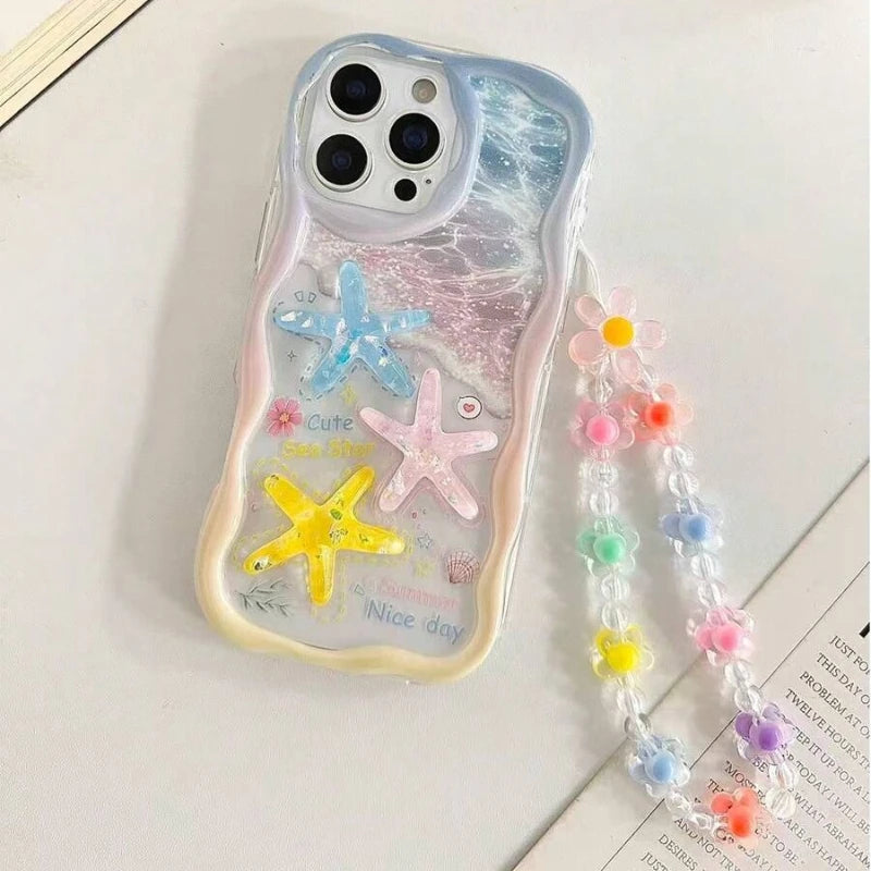 Cartoon Starfish Shell Transparent Wavy-Edge Phone Case For iPhone