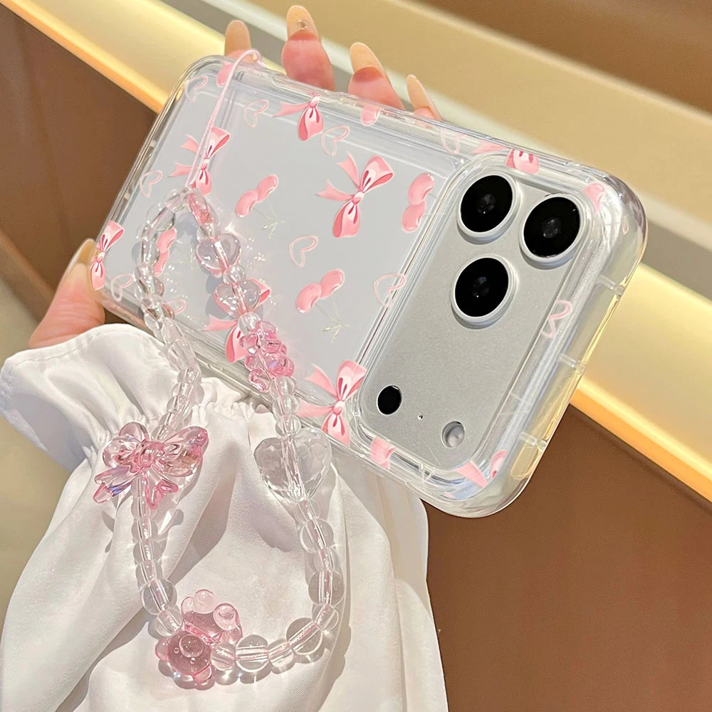 Korean Cherry Heart Bowknot Pattern Phone Case For iPhone