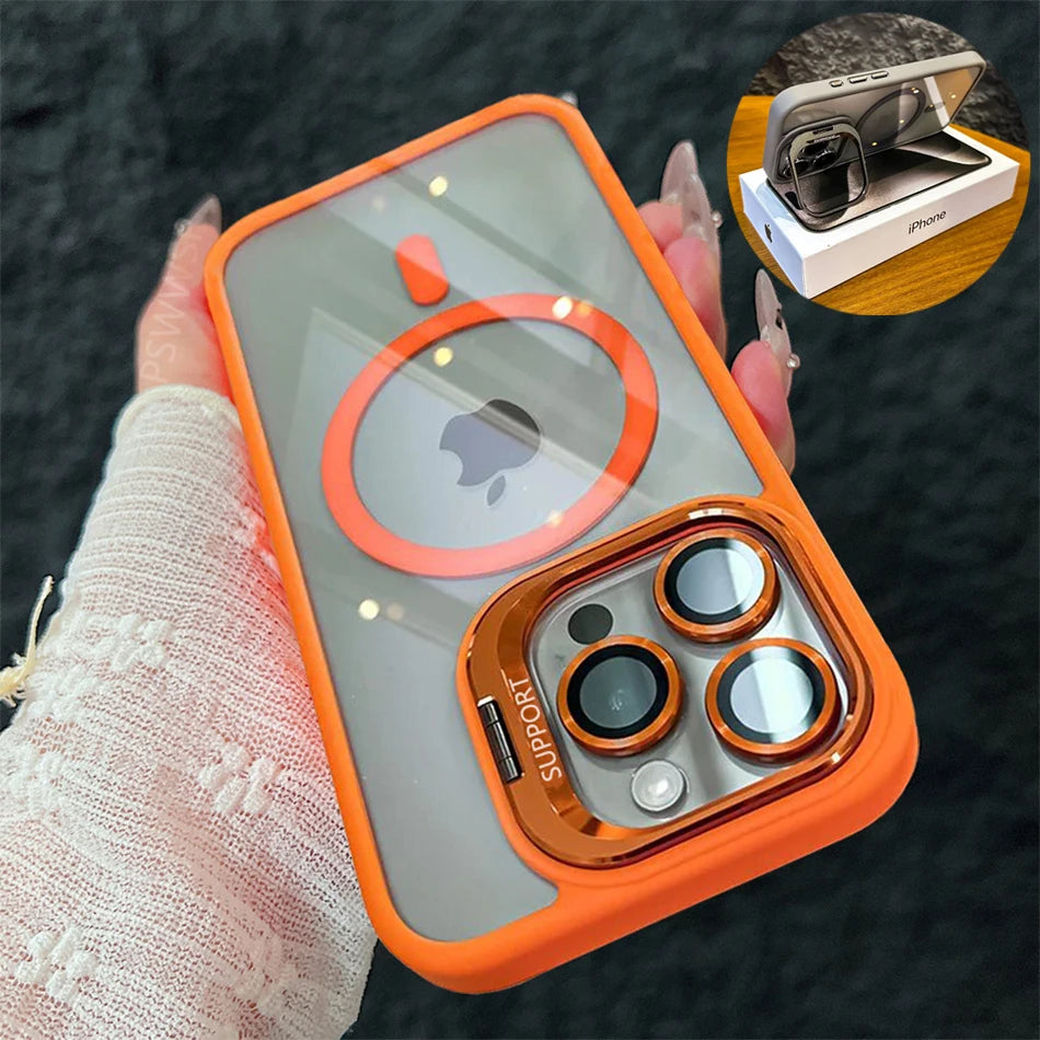 Luxury Magnetic Shockproof Phone Case For iPhone Magsafe Funda Stand Glass Lens Protector Cover