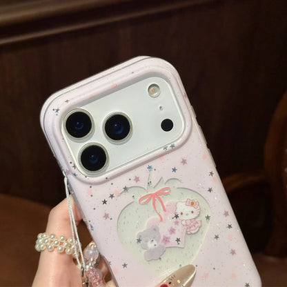 Cute Pink Star Flash Strawberry Kitty Phone Case For iPhone