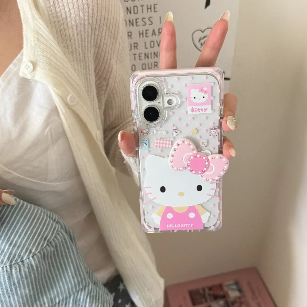 Square Pink Border Hello Kitty Three Dimensional Bow Phone Case For iPhone