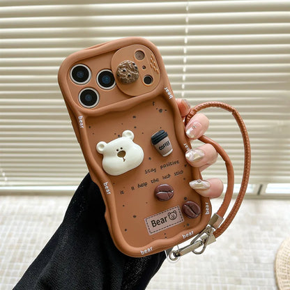 3D Coffee Cartoon Bear Phone Case With Wrist Strap For iPhone