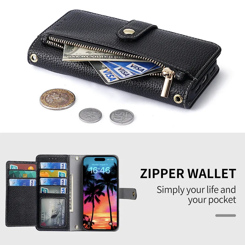 Zipper Wallet with Cards Solt  Flip Cover For iPhone